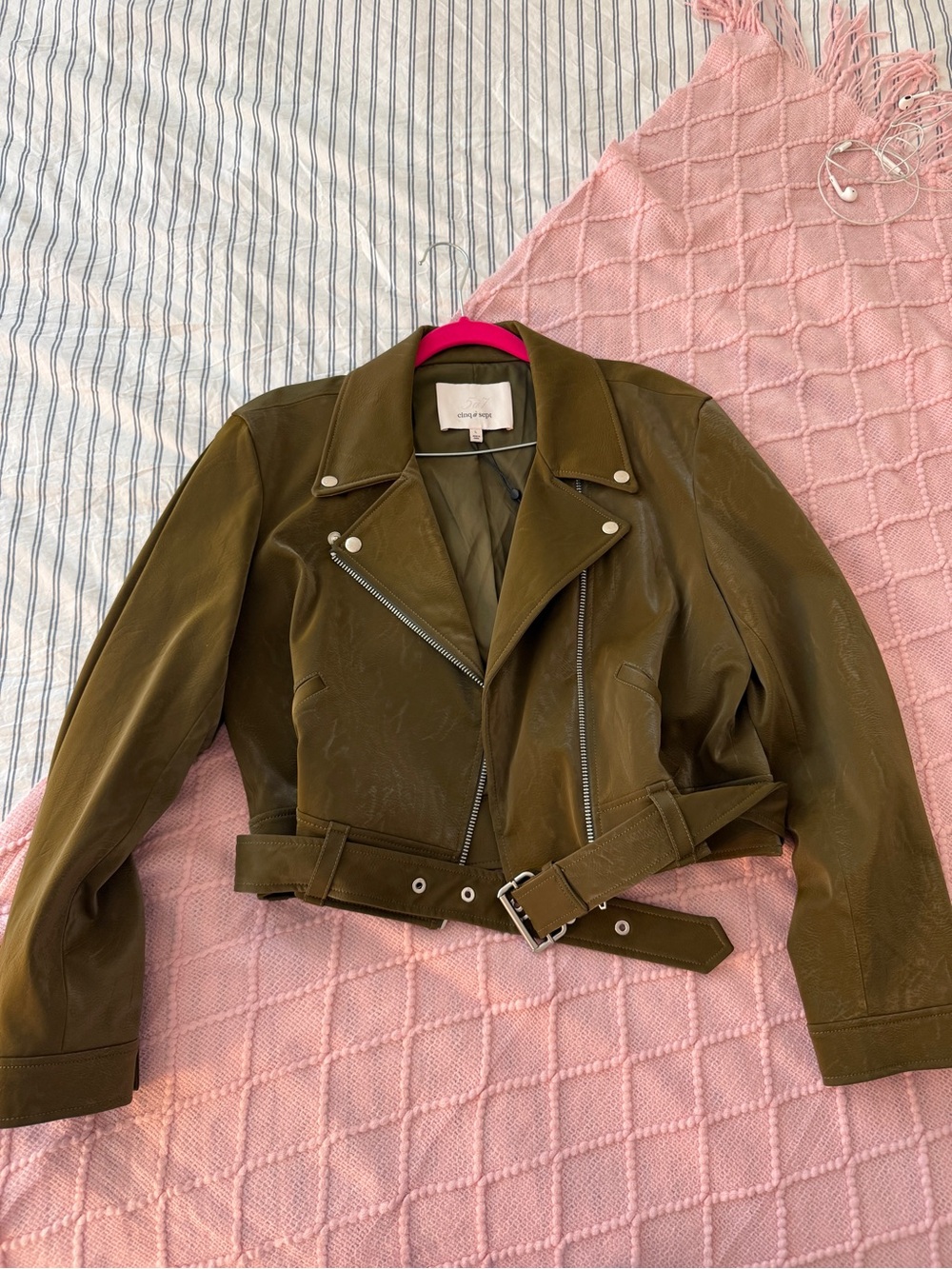 cinq a sept Olive Green Leather Moto Jacket